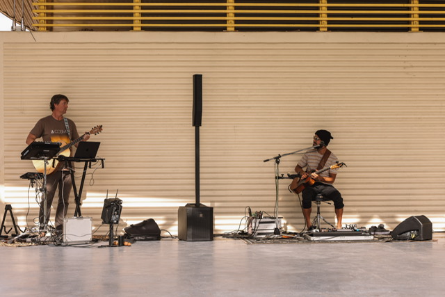 Two musicians playing live at the Kings Beach Amphitheatre
